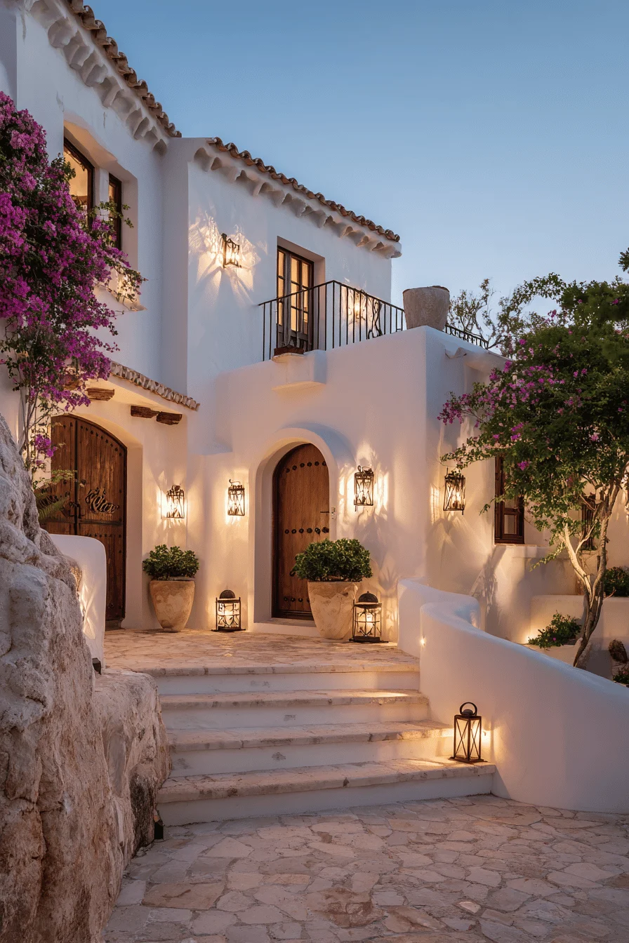 spanish style house exterior featuring white walls decorative ironwork arched doorways and strategic courtyard lighting