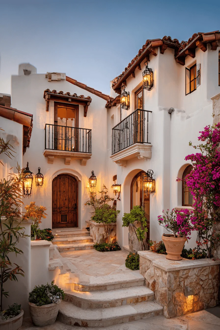 spanish style house exterior with stucco walls terracotta roof tiles iron balcony and limestone paving