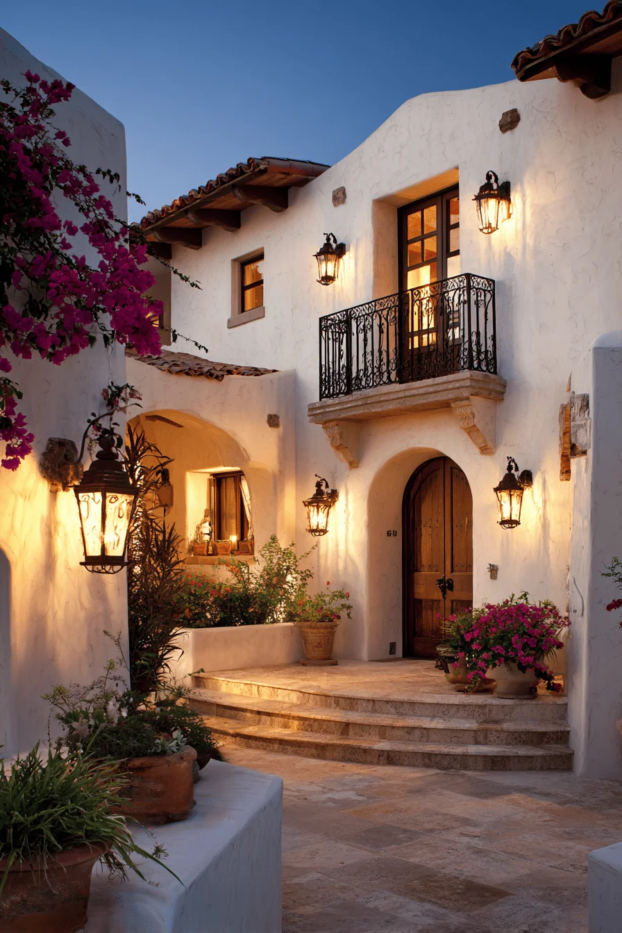 spanish style house exterior with white stucco walls terracotta roof arched wooden door and mediterranean plants