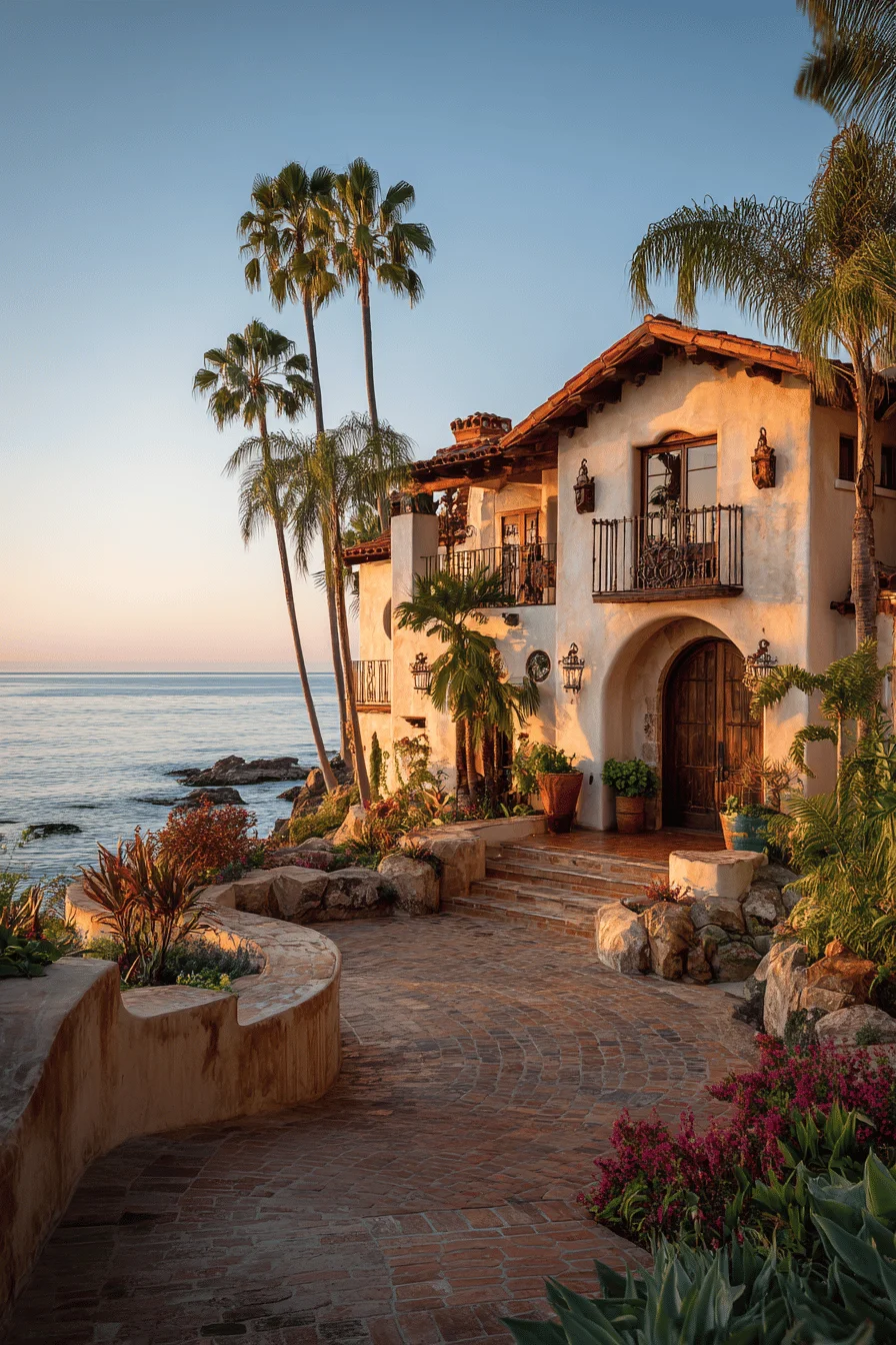 spanish villa exterior featuring stone pathways curved brick driveway and flowering tropical garden landscaping