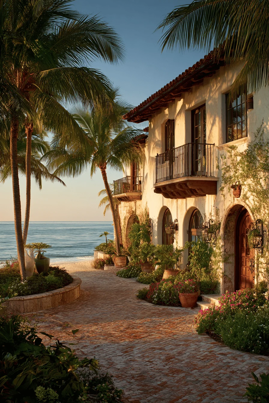 spanish villa exterior with ocean view backdrop wrought iron balcony details and stone pathways