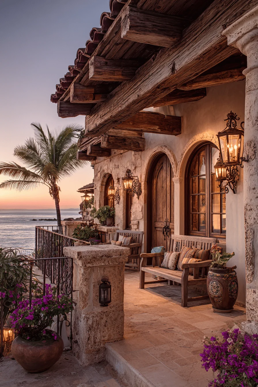 spanish villa home exterior featuring rustic wood beams terracotta patio and flowering bougainvillea against whitewashed walls