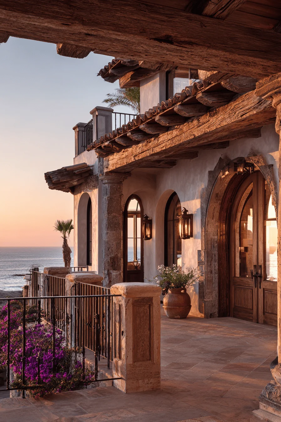 spanish villa home exterior with whitewashed walls wrought iron details and warm sunset glow over terracotta patio