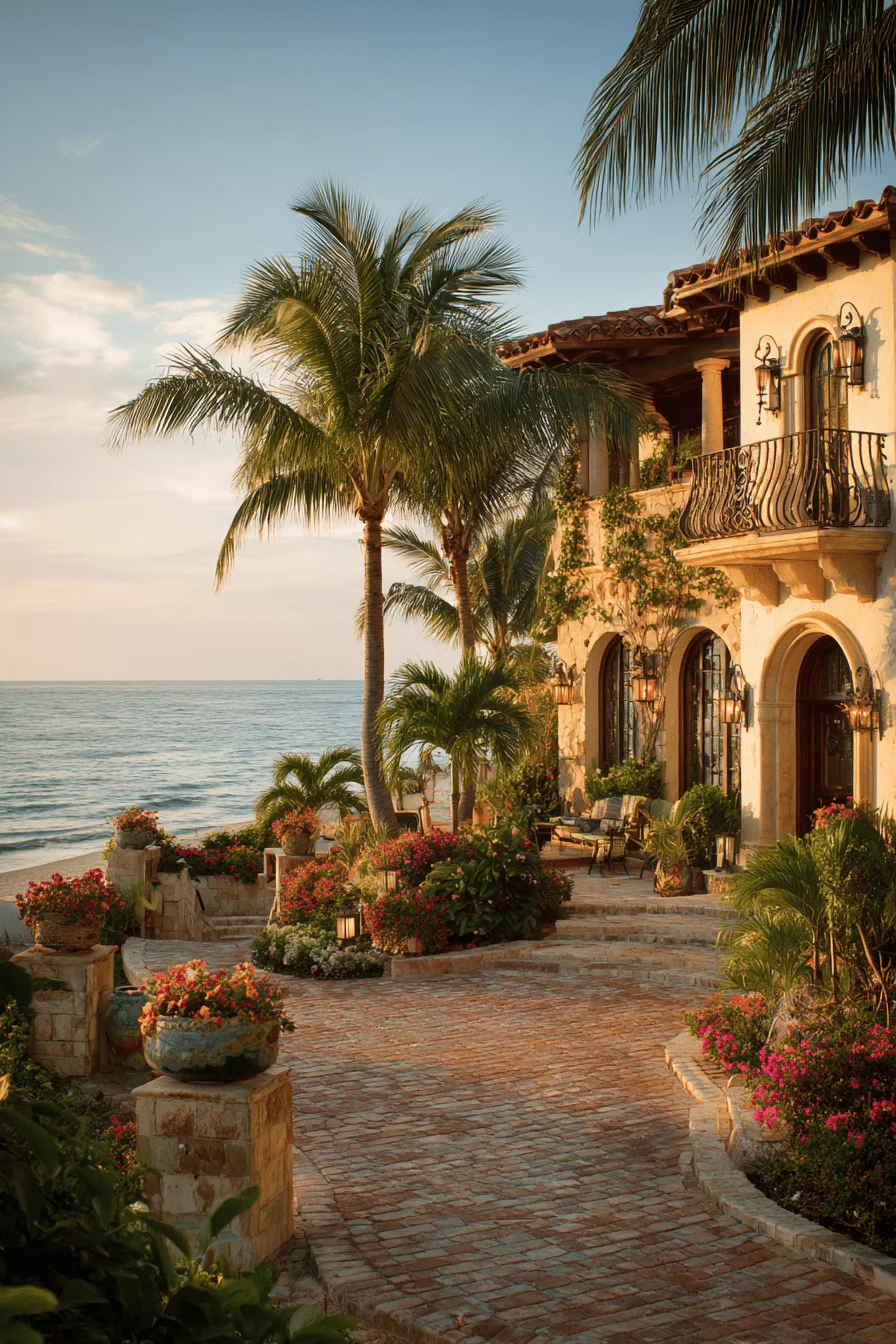 spanish villa with lush tropical garden cream stucco walls arched doorways and terracotta roof tiles