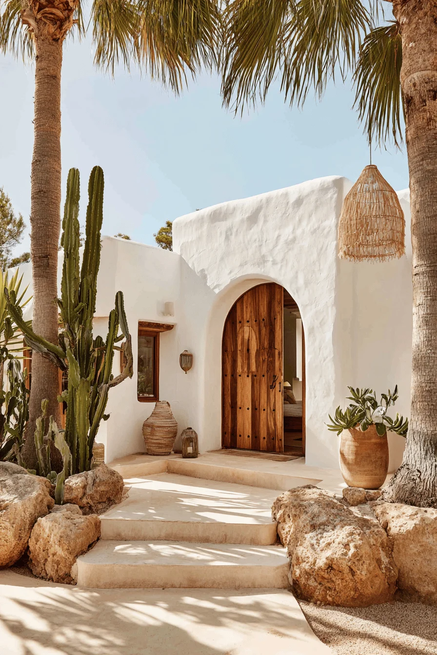 sunlit house designs exterior with white walls wooden doors stone steps cacti palm trees and earth toned pottery