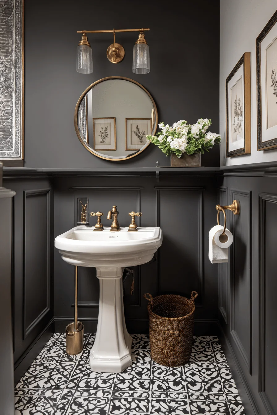 tiny downstairs toilet with victorian elements gray walls brass fixtures patterned floor white sink