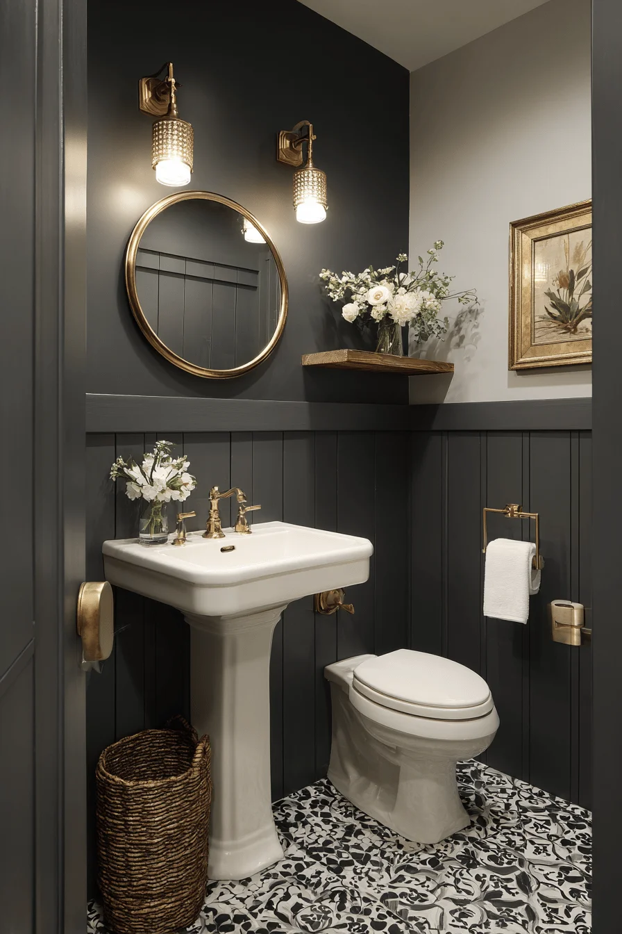 tiny downstairs toilet with victorian style gray walls brass mirror white sink patterned flooring