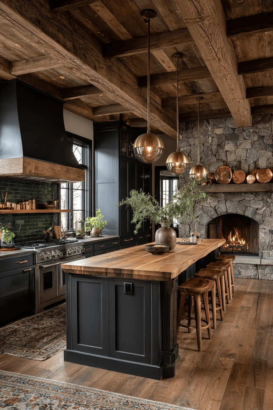 tiny kitchen design ideas featuring dark rustic kitchen with efficient layout and natural stone fireplace