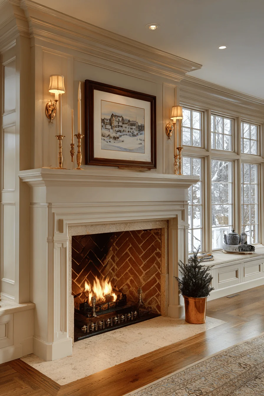 traditional english country fireplace with cream paneled surround herringbone brick firebox natural stone hearth brass accessories and warm taupe walls home decor