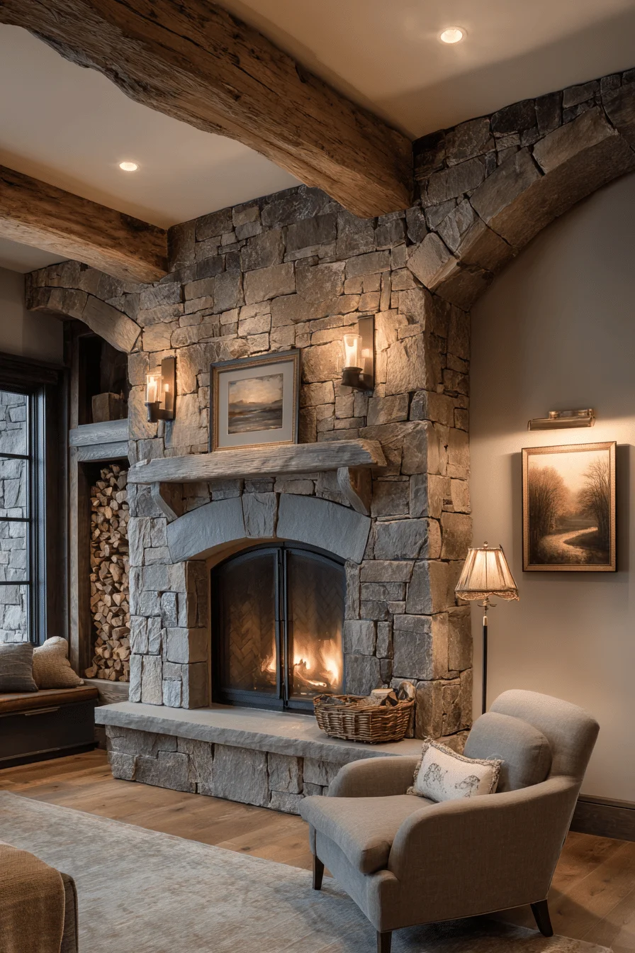 traditional english fireplace makeover featuring limestone surround wood beam mantel home interior design brass fixtures wool area rug natural lighting