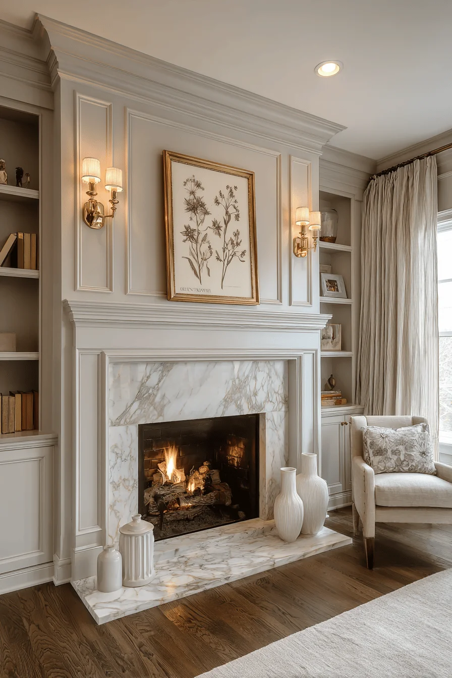 traditional english fireplace makeover featuring marble surround crown molding mantel interior design english cottage stone fireplace brass sconces taupe walls