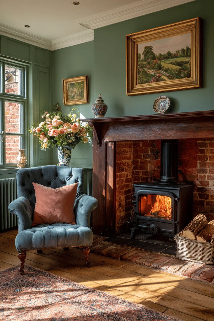 traditional english fireplace with brick hearth wooden mantel sage green walls and comfortable tufted armchair showcasing timeless fireplace ideas