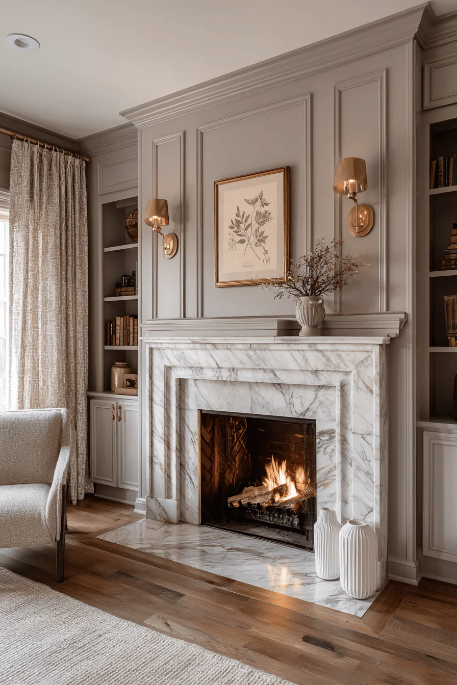 traditional english fireplace with white marble surround crown molding mantel warm taupe walls brass sconces glowing hearth english cottage stone fireplace