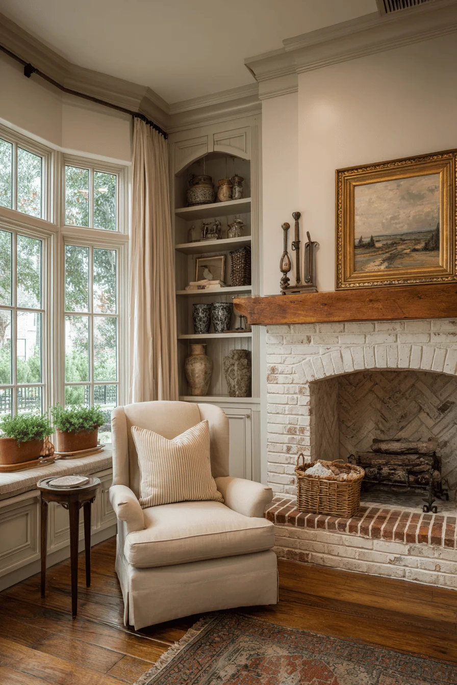 traditional english fireplace with whitewashed brick old english fireplace oak mantel home interior design brass tools antique ceramics persian rug