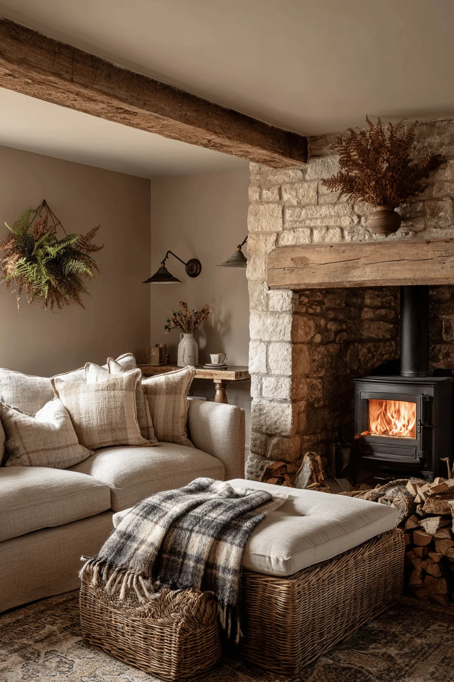 traditional english stone fireplace with reclaimed oak beam limestone hearth cast iron wood burning stove interior design wicker ottoman