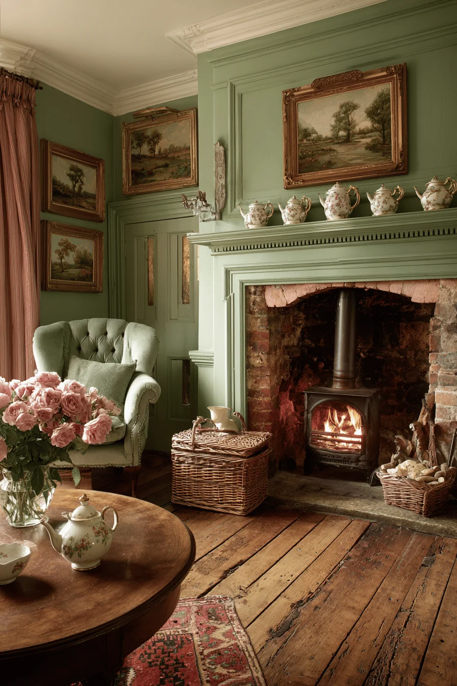 traditional fireplace decor featuring english fireplace brick hearth wooden mantel porcelain teapots and comfortable sage armchair in warm interior
