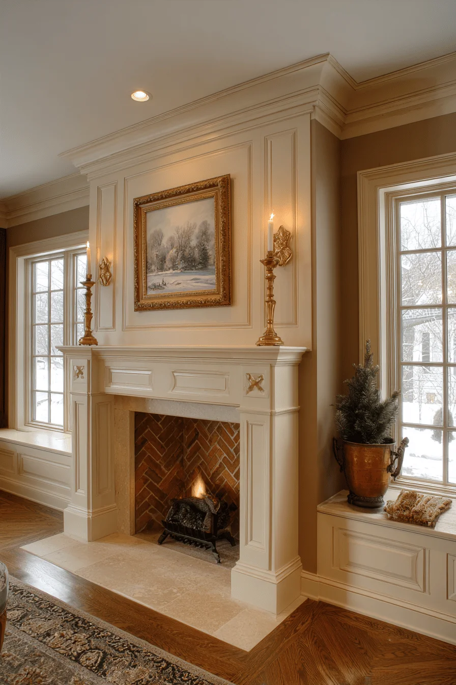 traditional fireplace makeover featuring english country fireplace cream paneled surround herringbone brick natural stone hearth and home interior design elements