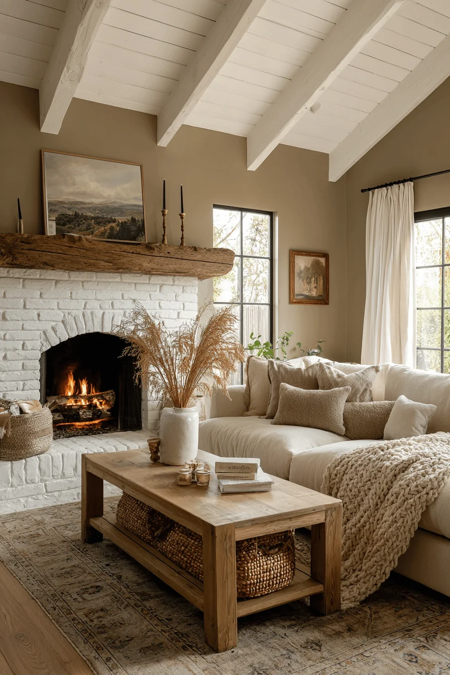 traditional fireplace makeover featuring white brick english cottage fireplace ideas oak beam mantel interior design ambient lighting taupe walls