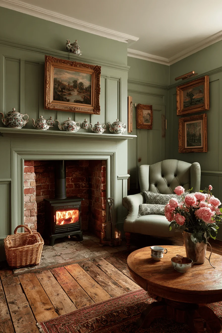 traditional fireplace with english fireplace wooden mantel cast iron stove glowing embers and persian rug in cotswold cottage setting
