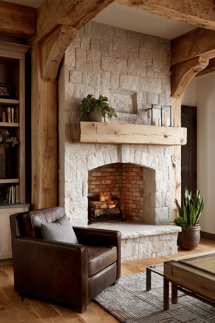 traditional fireplace with wooden beam mantel cast iron wood stove english cottage fireplace stone surround comfortable leather armchair home decor