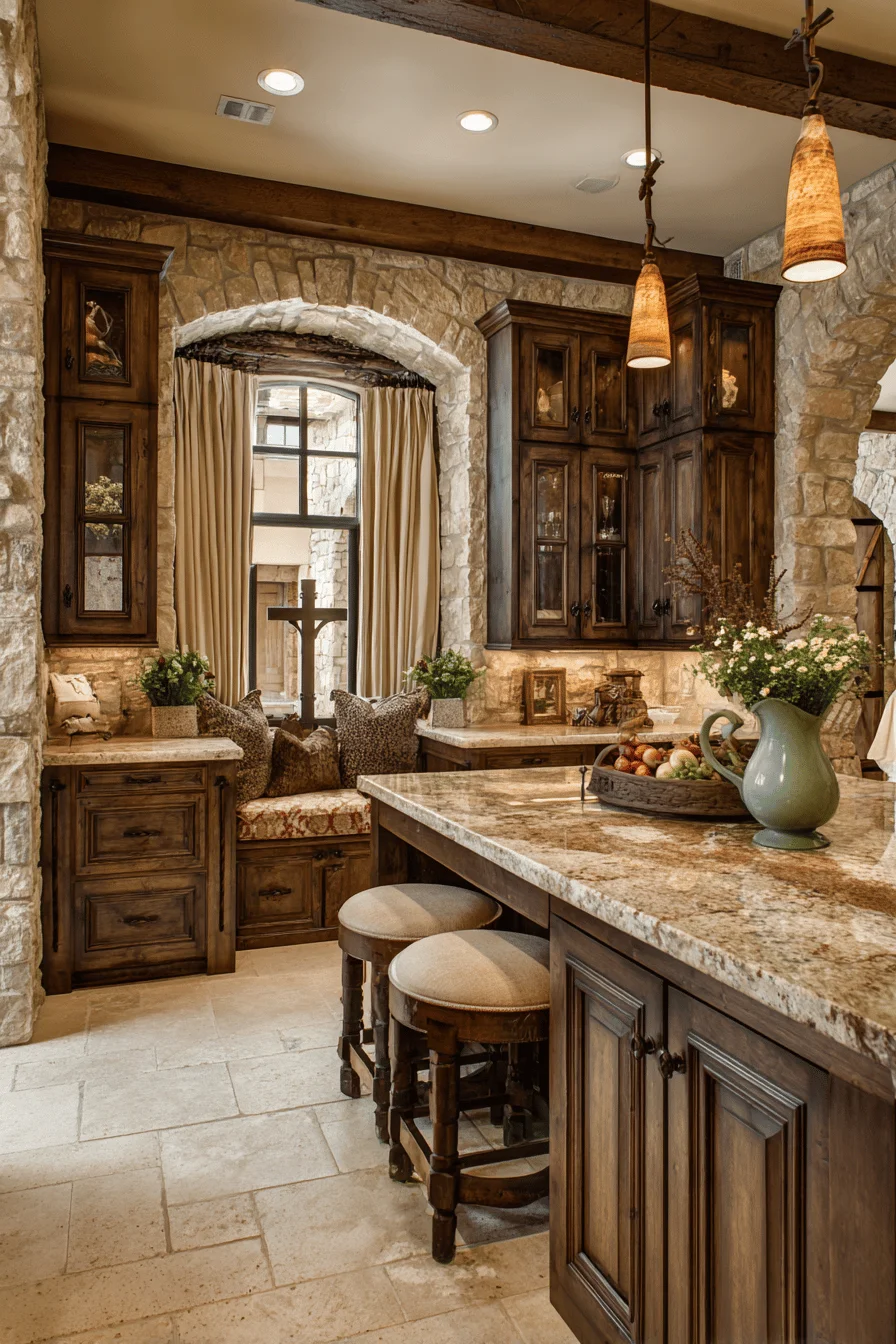 traditional kitchen house decor featuring dark rustic kitchen cabinets with glass front upper cabinets displaying quality dishware
