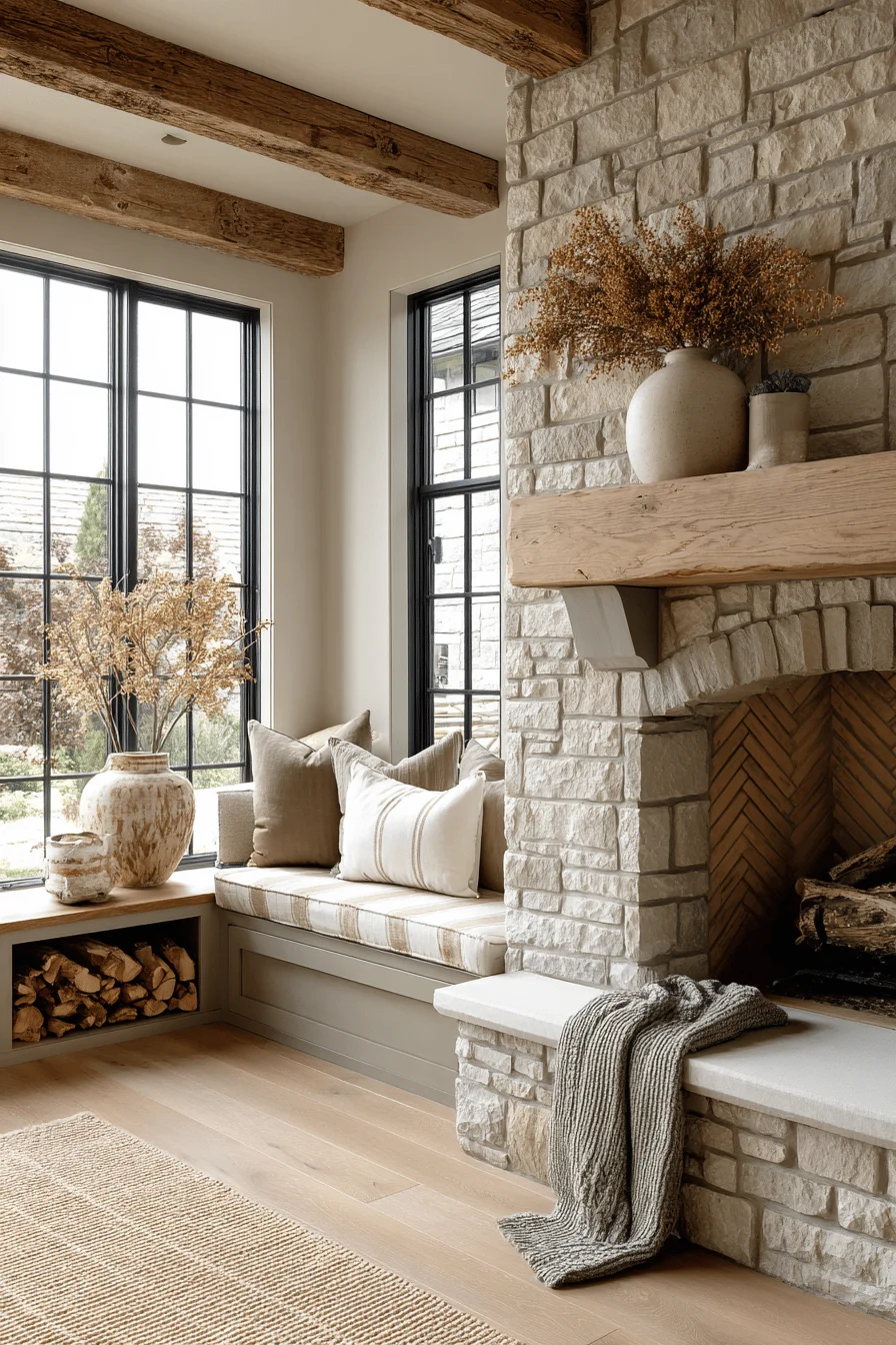 traditional limestone fireplace with reclaimed oak beam mantel english countryside fireplace interior design built in seating textured jute rug