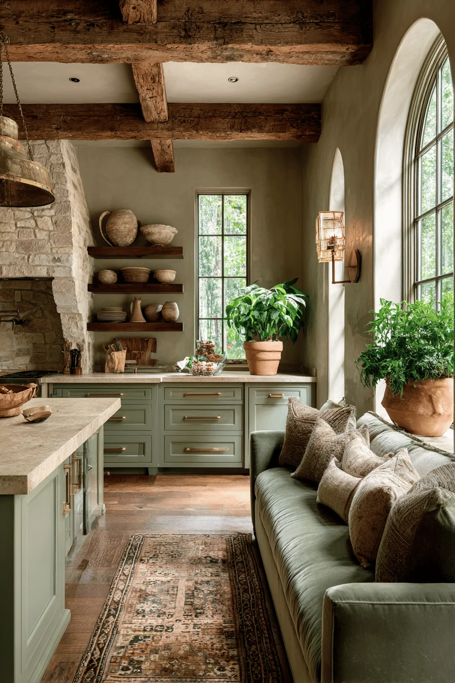 tranquil earthy home interior showcasing plush velvet sofa artisanal pottery natural limestone comfortable seating