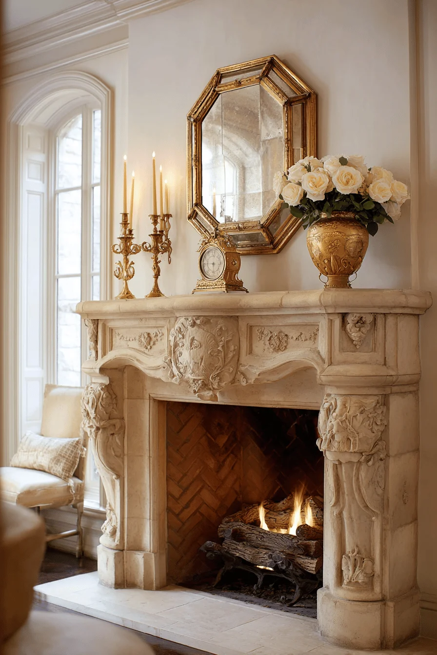tuscan living room with elegant fireplace decor and furniture design featuring tuscan fireplace and limestone details