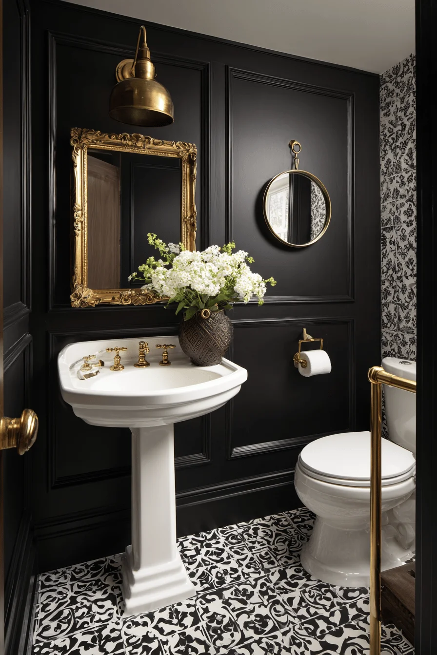 victorian downstairs toilet featuring black wall panels white pedestal sink ornate gold mirror and patterned floor tiles