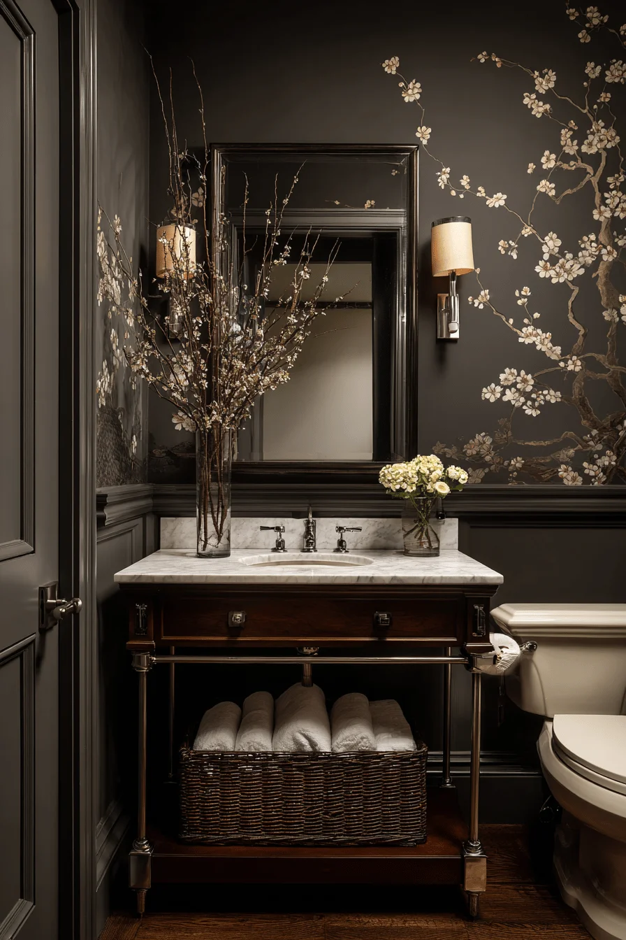 victorian downstairs toilet with dark walls cherry blossom mural wooden vanity marble top and chrome fixtures quirky design