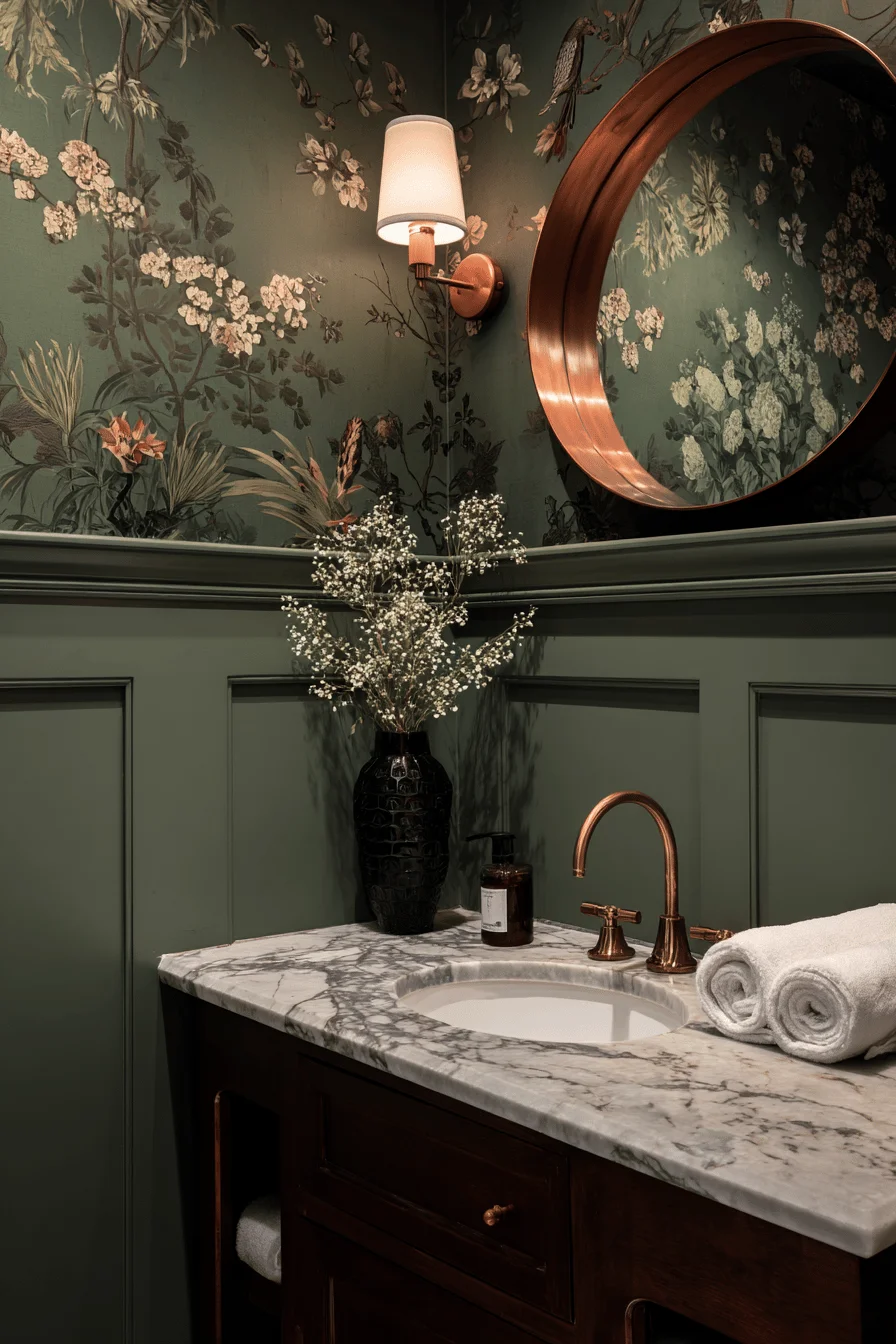 victorian inspired small downstairs toilet with botanical wallpaper copper mirror and marble vanity small downstairs toilet ideas