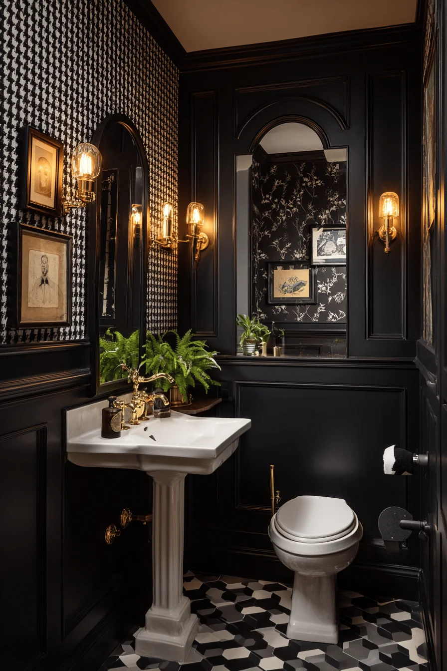 victorian style downstairs toilet featuring black wainscoting houndstooth wallpaper brass fixtures and vintage artwork