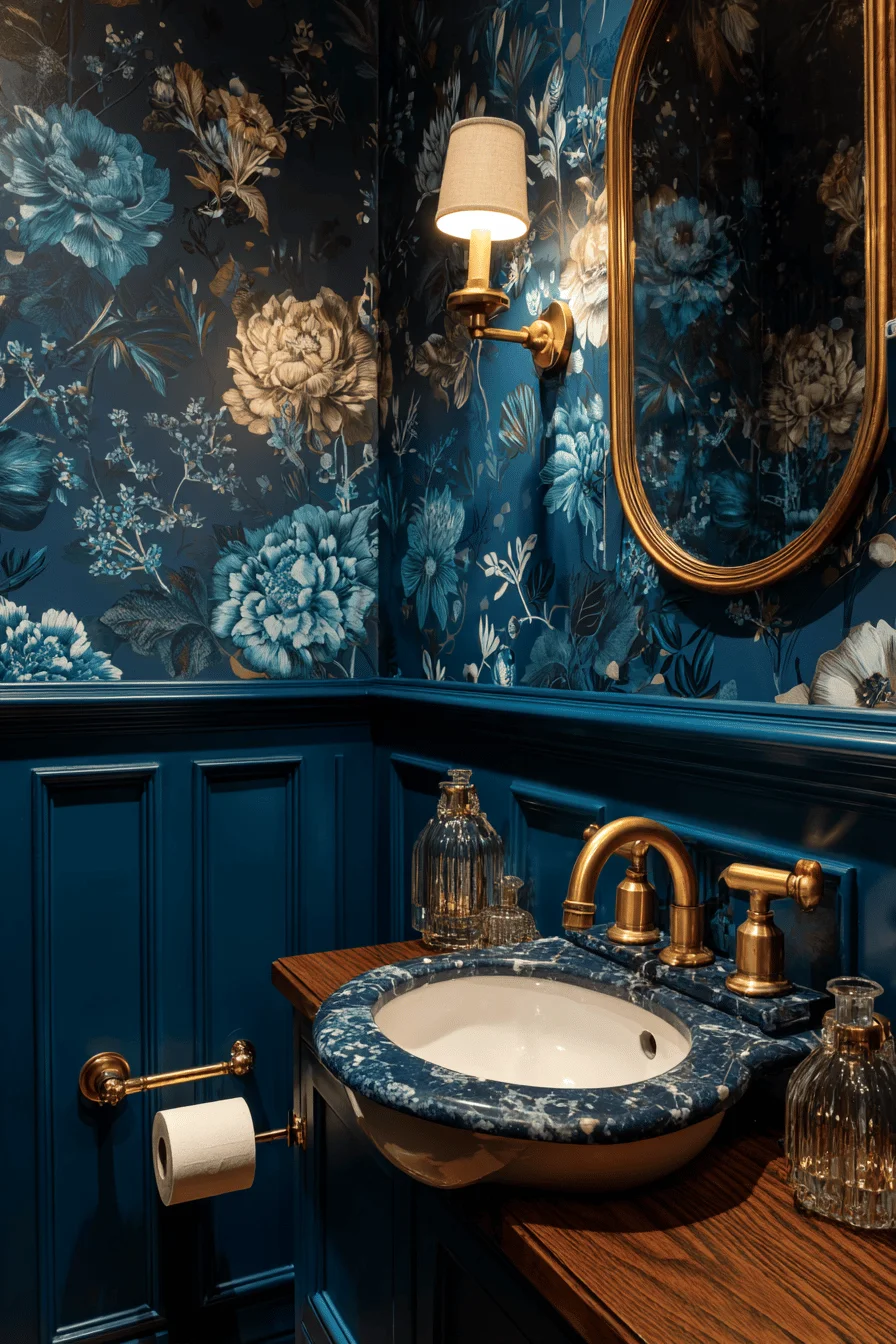 victorian style small toilet ideas downstairs loo featuring teal wallpaper navy vanity brass fixtures wooden panels and gold mirror