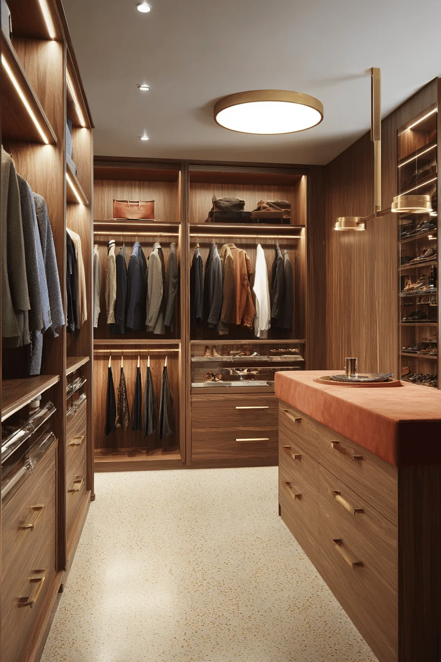 walk in wardrobe design featuring walnut units full length mirror and jewelry cabinet