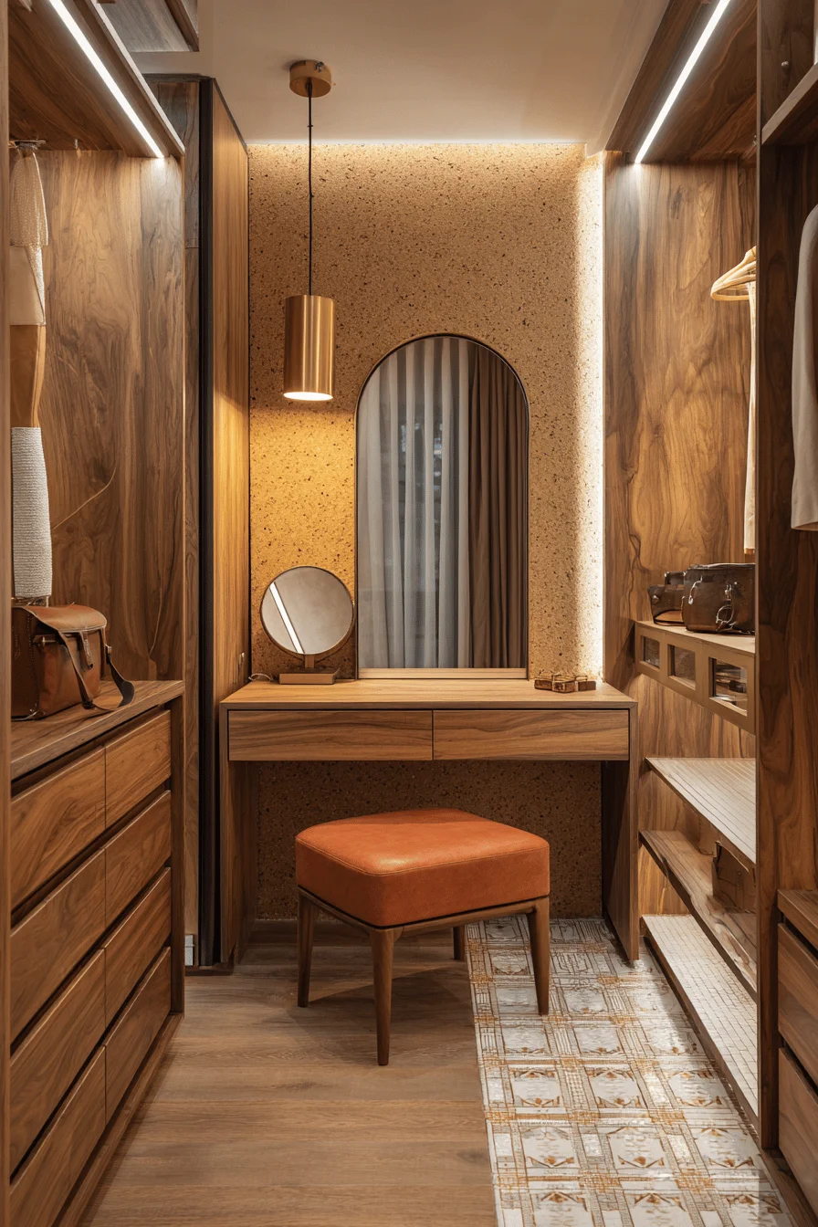 walk in wardrobe luxury showcasing mid century modern aesthetic with wood slat detail and integrated dressing area
