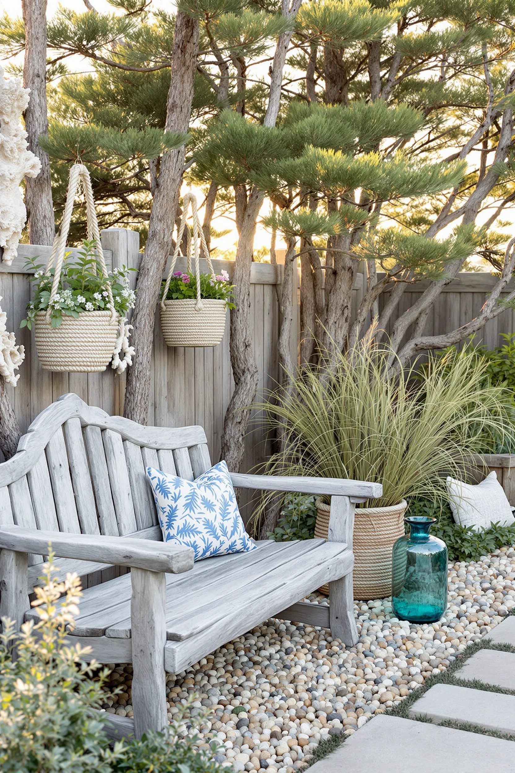 weathered wood coastal cottage garden with nautical rope planters stone pathway and vintage blue green glass float