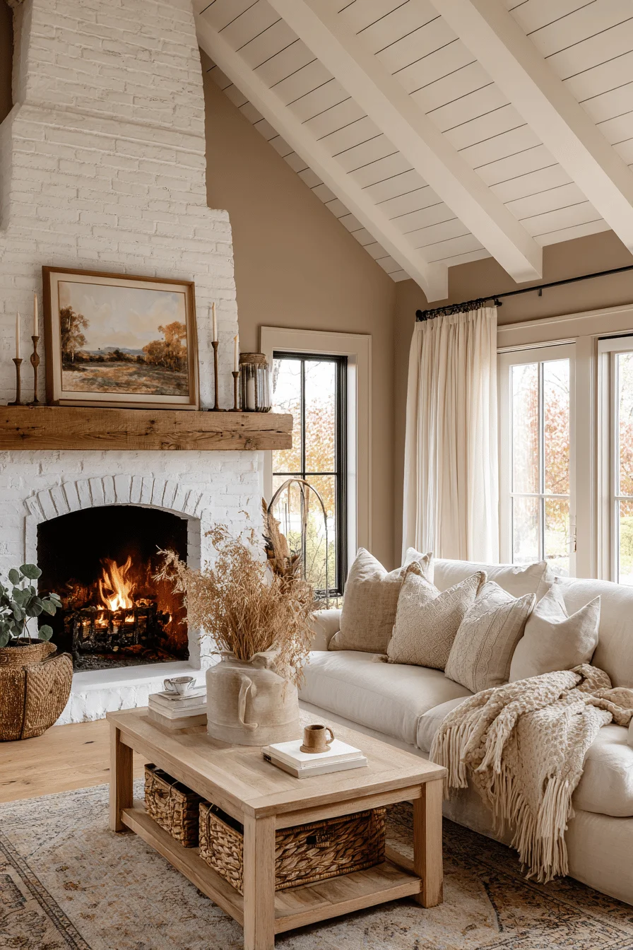 white brick fireplace decor with oak beam mantel home interior design english cottage fireplace ideas brass candlesticks comfortable beige sofa