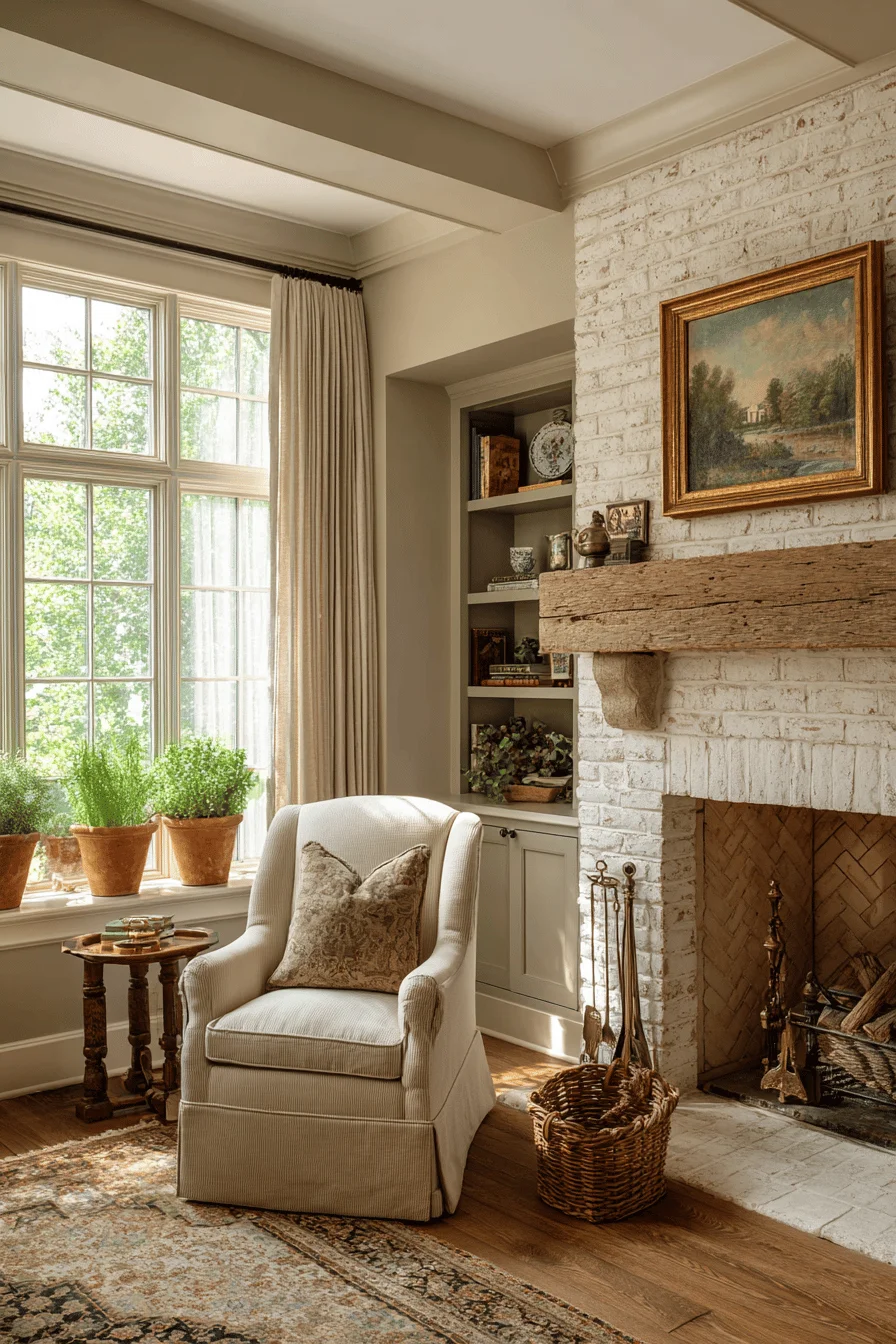 whitewashed brick english fireplace with oak mantel warm taupe walls comfortable beige armchair old english fireplace persian rug built in bookcase