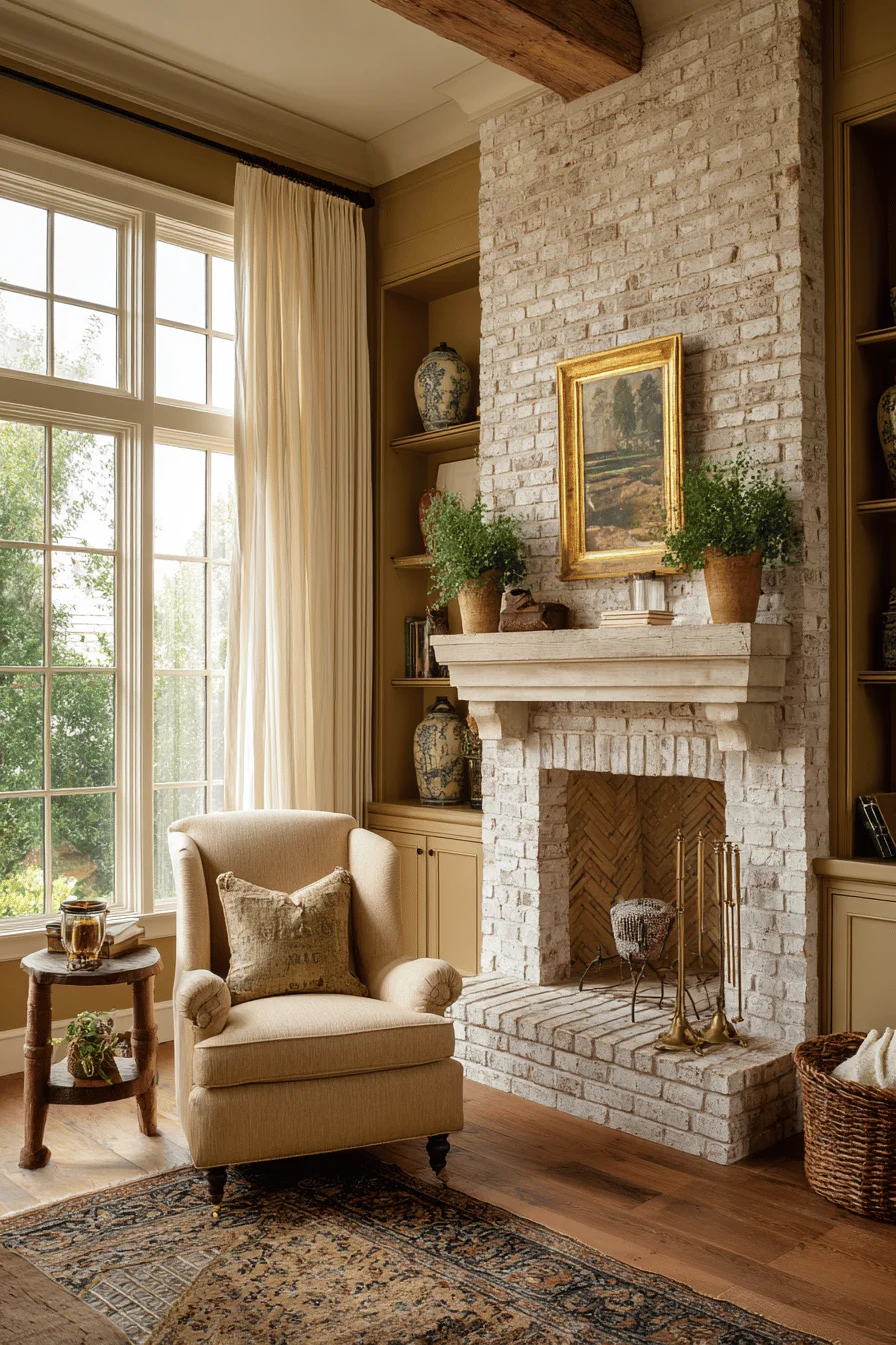 whitewashed brick fireplace with oak mantel warm taupe walls old english fireplace antique art comfortable armchair persian rug oak flooring