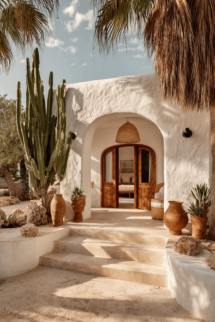 whitewashed ibiza house designs exterior featuring arched wooden doorway desert plants stone pathway and mediterranean courtyard