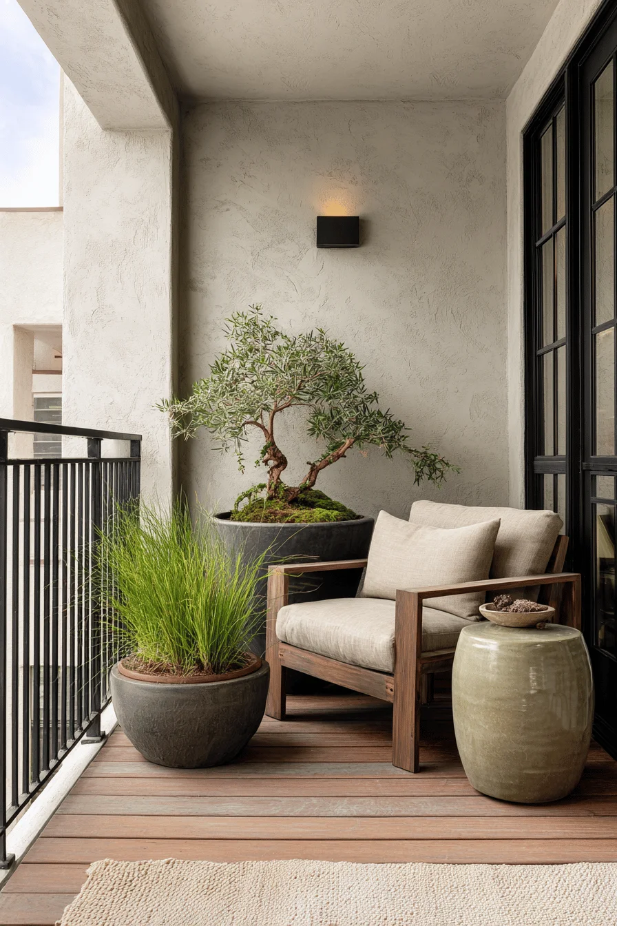 aesthetic room decor japandi balcony showcasing closed balcony ideas with balcony enclosure featuring natural materials