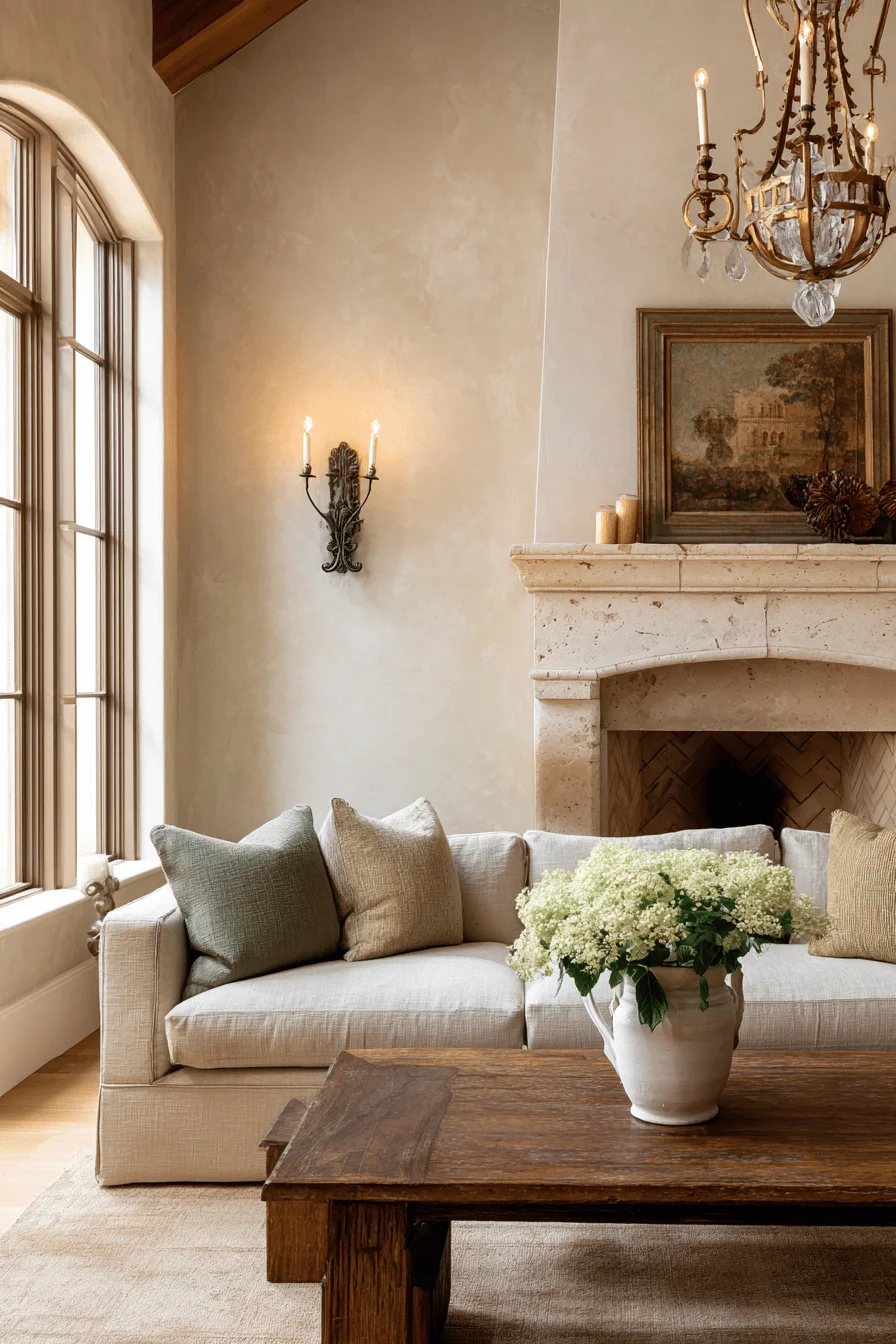 aesthetic room decor room design french country lighting featuring farmhouse chandelier distressed wood sage green