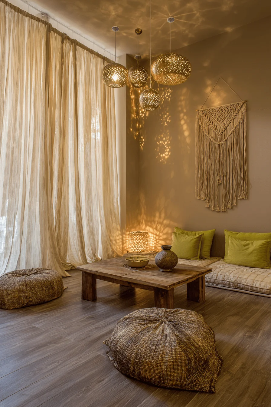 beautiful room decor featuring bohemian lighting with mood lighting from crystal lamps and ambient fixtures