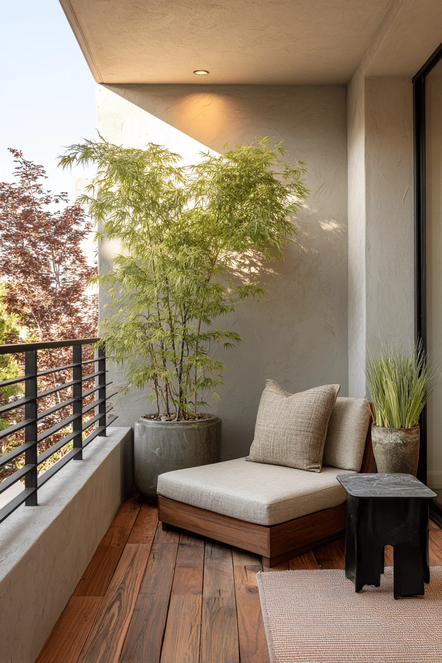 contemporary house exterior japandi balcony showcasing balcony ideas apartment with wide balcony featuring natural wood and plants