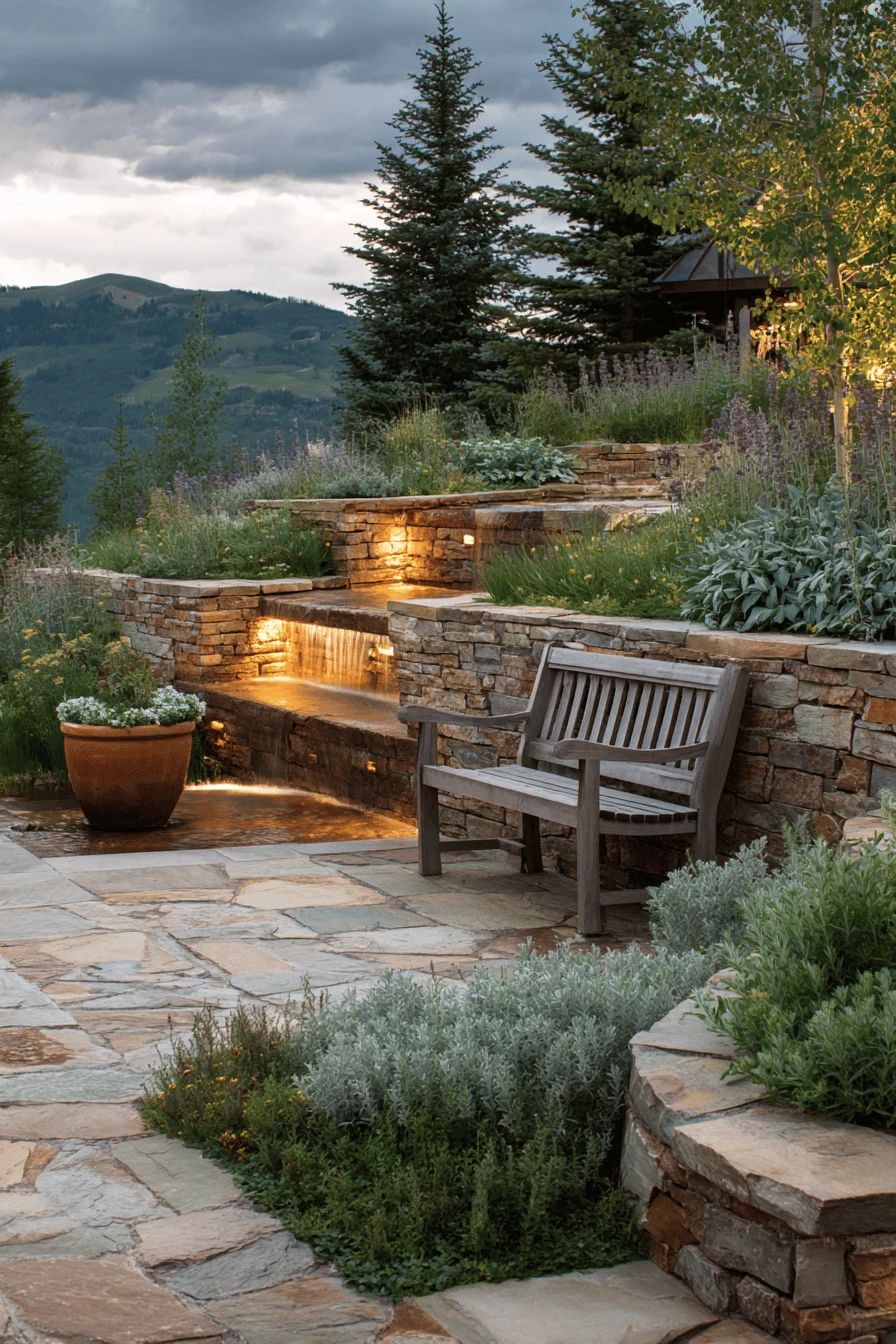 european mountain garden design featuring terraced stone walls with modern garden design elements and alpine plantings