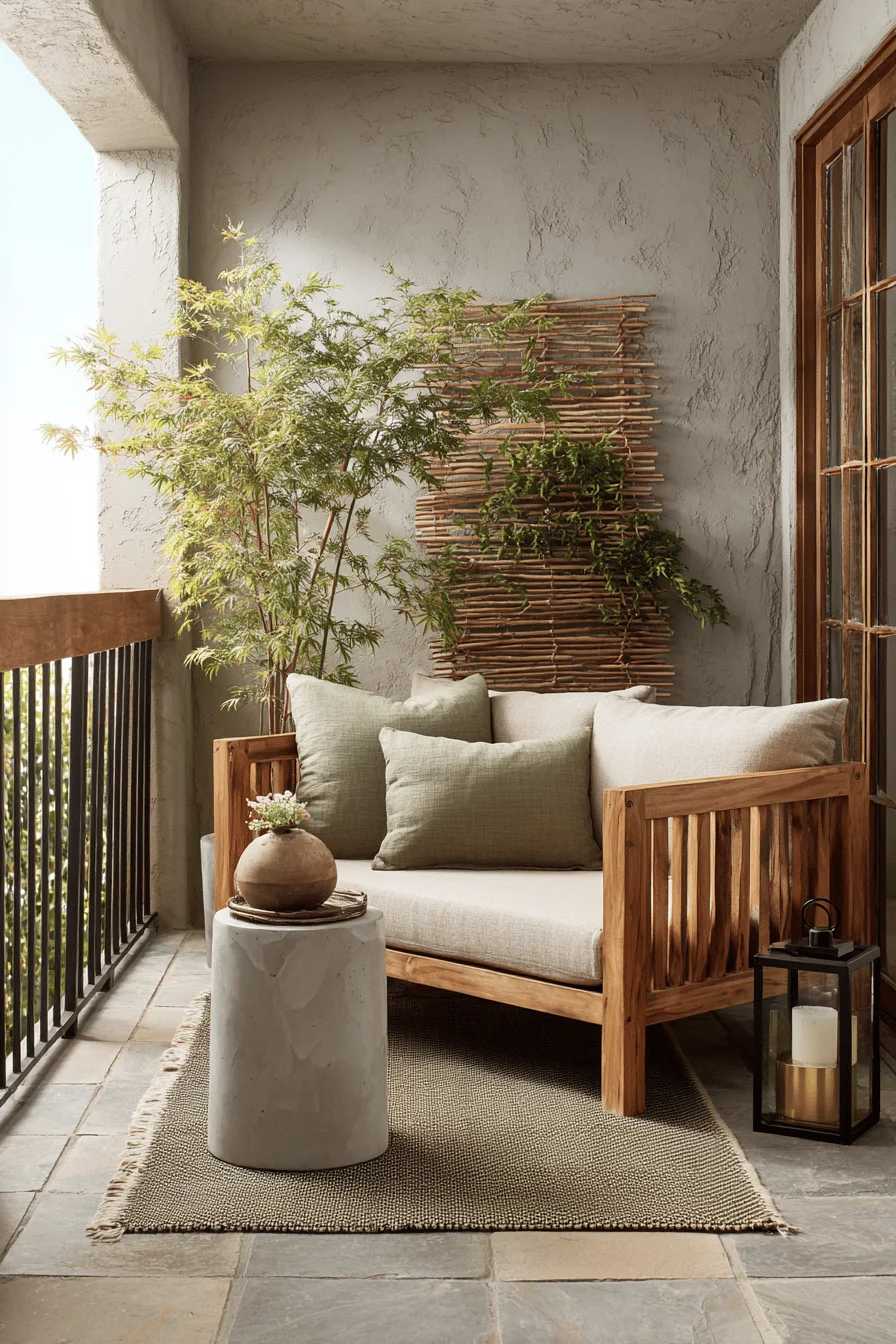 exterior design japandi balcony showcasing balcony ideas with apartment patio featuring natural wood and plants