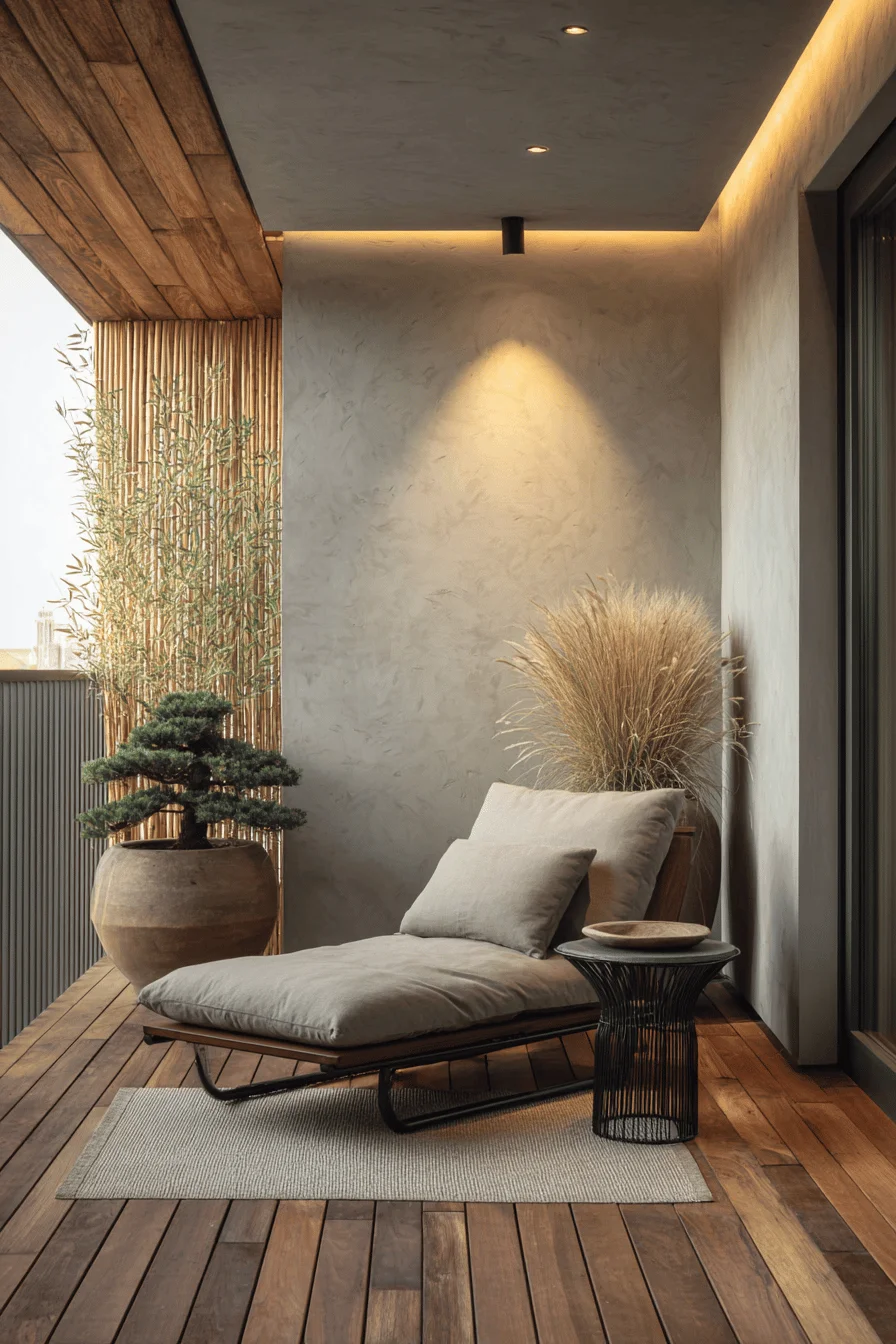 exterior house design japandi balcony featuring balcony design ideas with natural wood decking and minimalist furniture