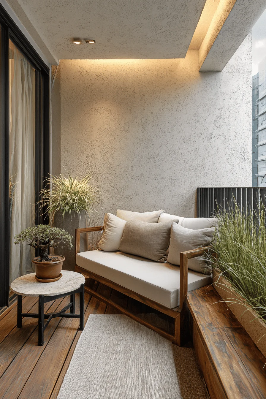 exterior house design japandi balcony featuring small balcony ideas apartment with teak furniture and bamboo screen