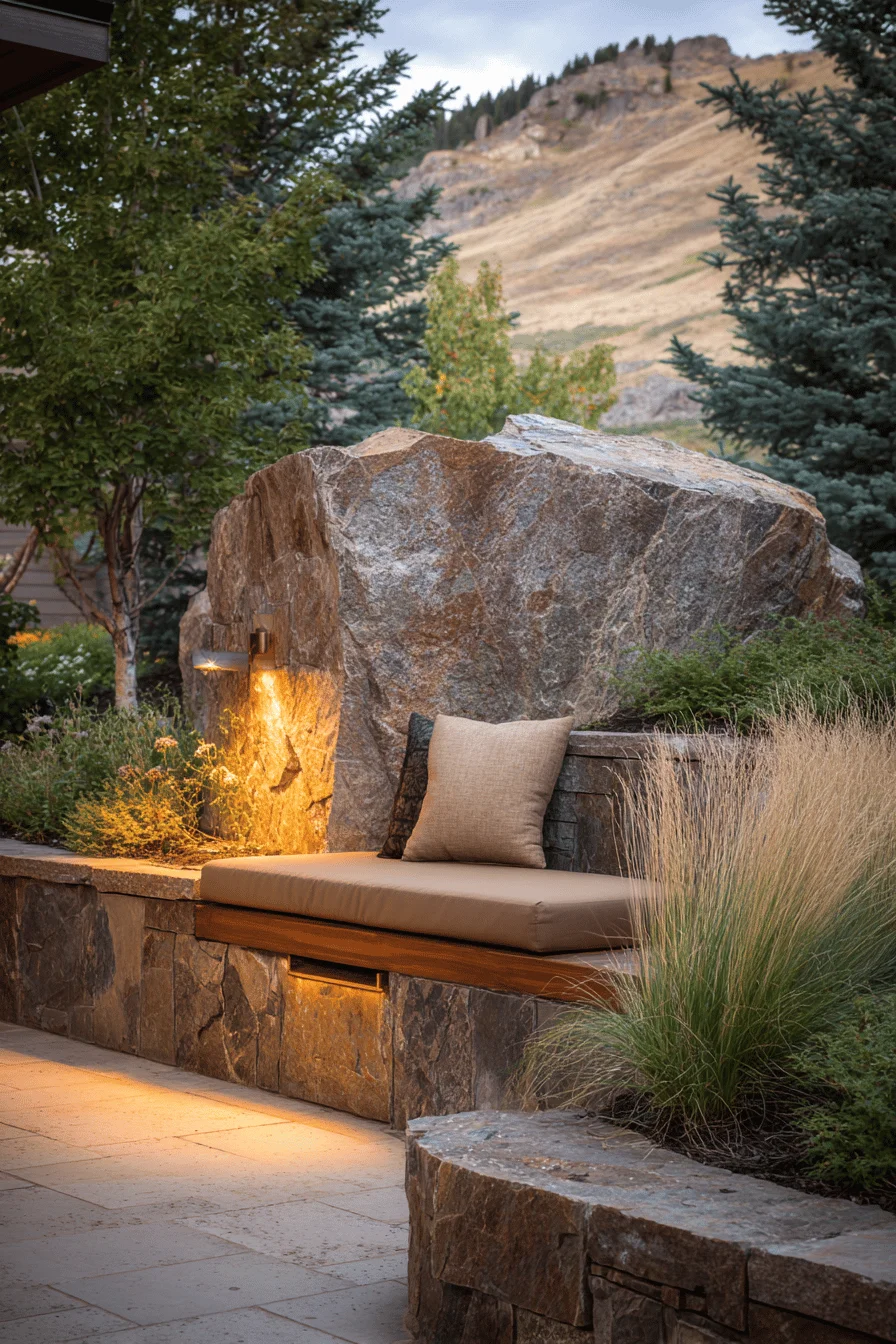 garden decor featuring sophisticated mountain garden design with cedar seating and flower oasis elements