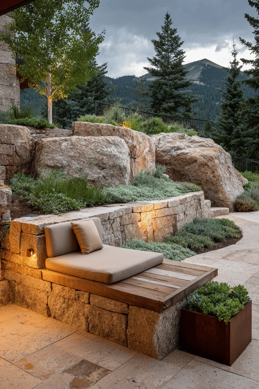 garden layout featuring sophisticated mountain design with small front gardens and rustic outdoor decor elements